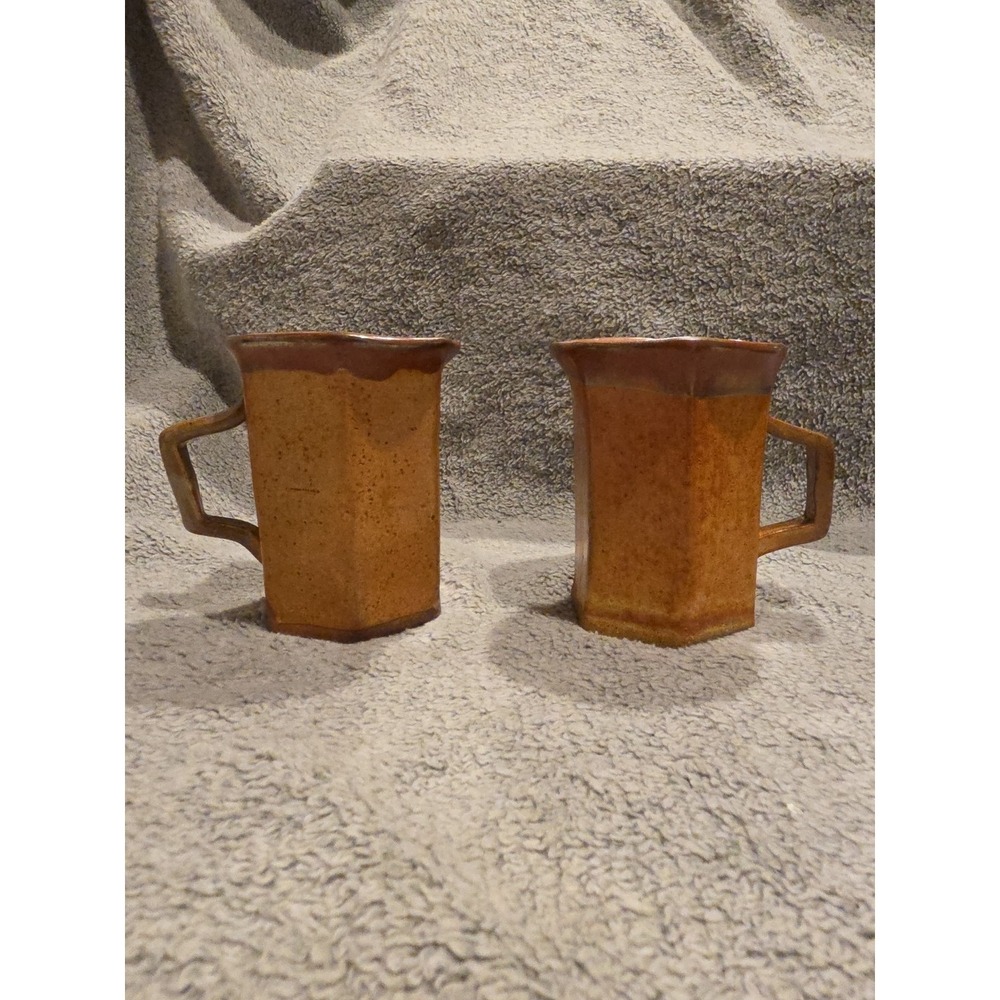 Vintage Set Of 2 Brown Handmade Pottery Mugs Cups Signed Approx 4 In Tall